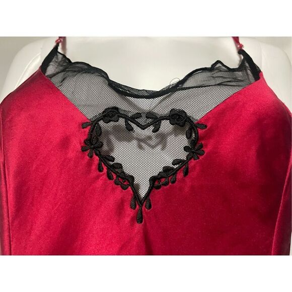 Vintage Y2K Victorias Secret Silk Black Lace Heart SZ L Slip Nightgown in Red Si - Picture 13 of 16